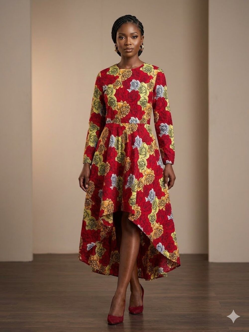 this is a long sleeve high low midi dress roses against deep red background
